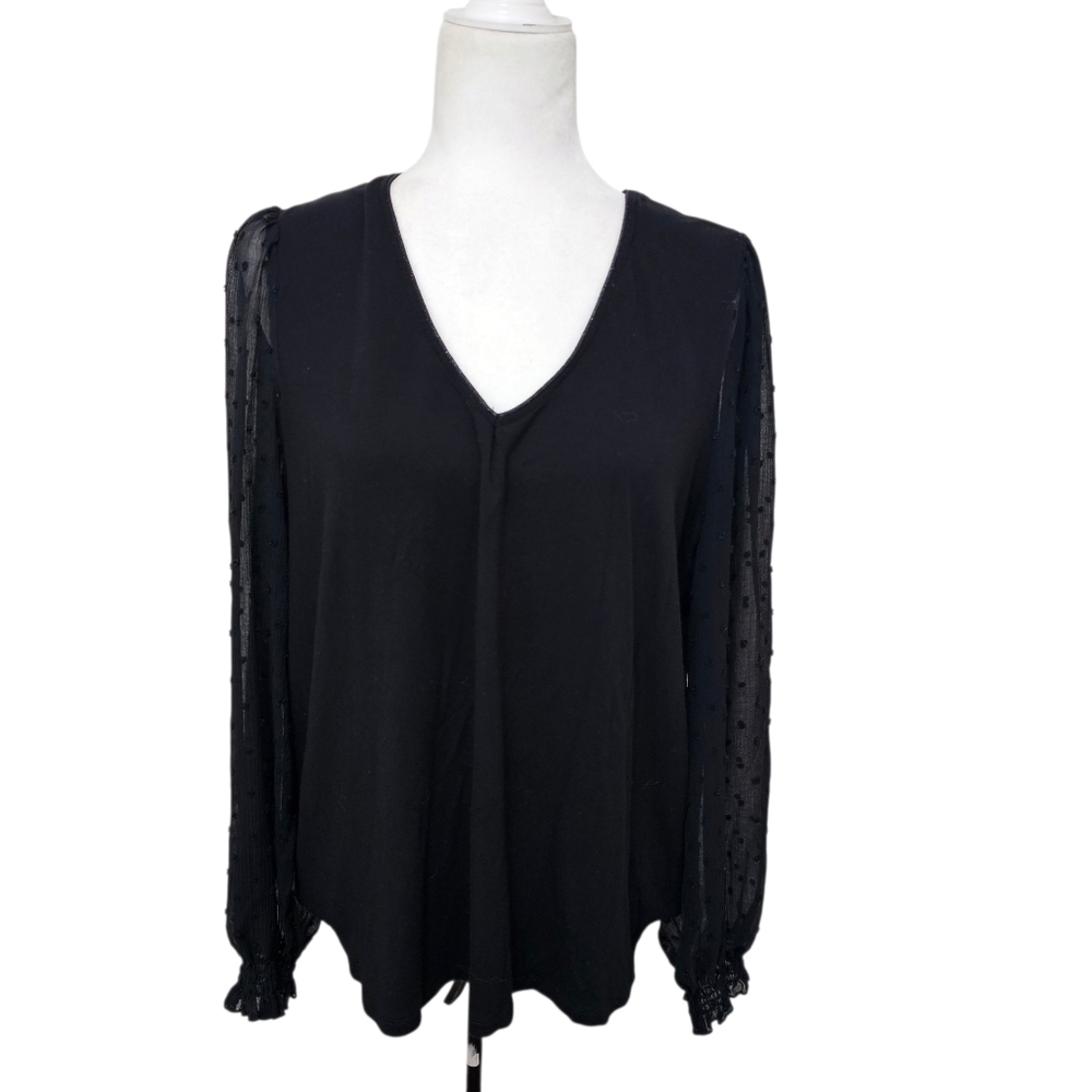 Democracy Long Sheer Sleeve Top Swiss Dots Black Womens XL